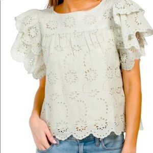 7 for All Mankind Broderie Anglaise embroidered eyelet flutter blouse, mint, XS